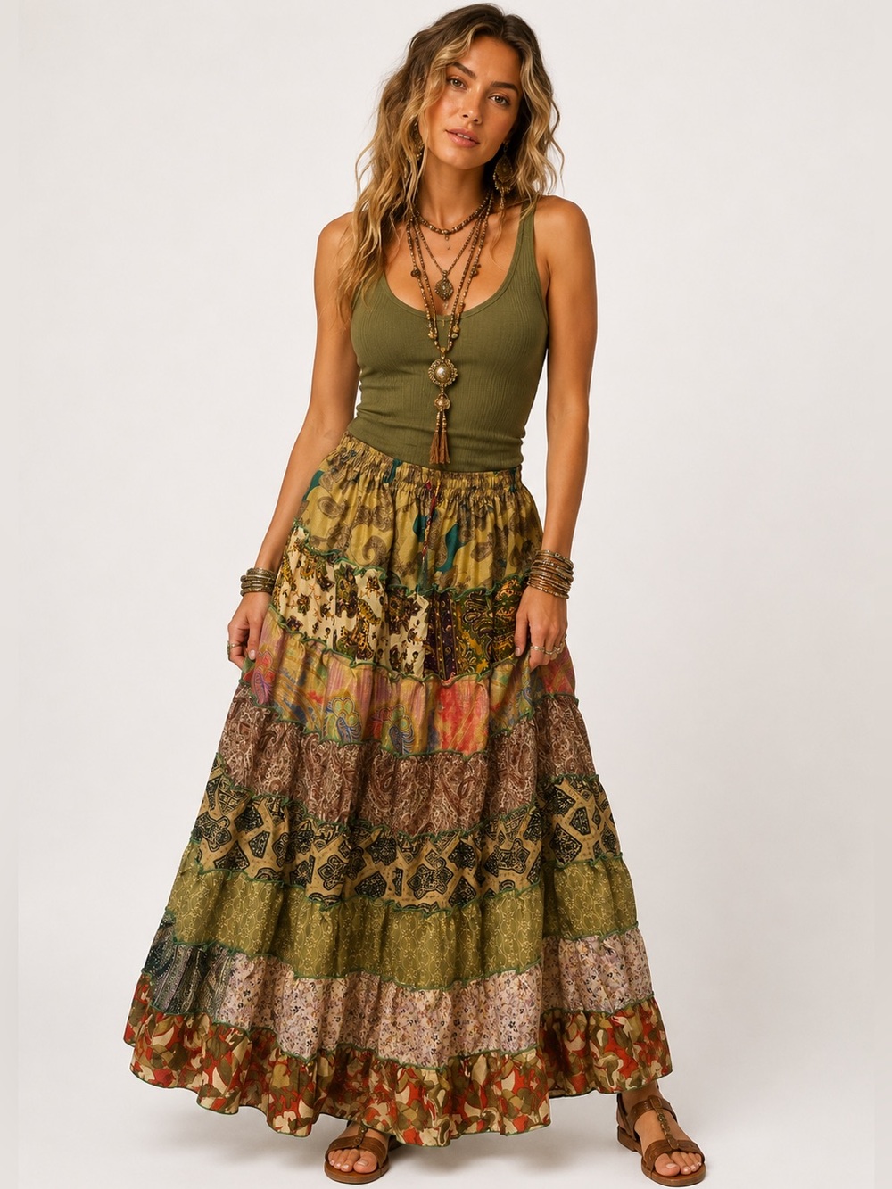 23. Bohemian Tiered Multicolored Patchwork Maxi Skirt With Pockets